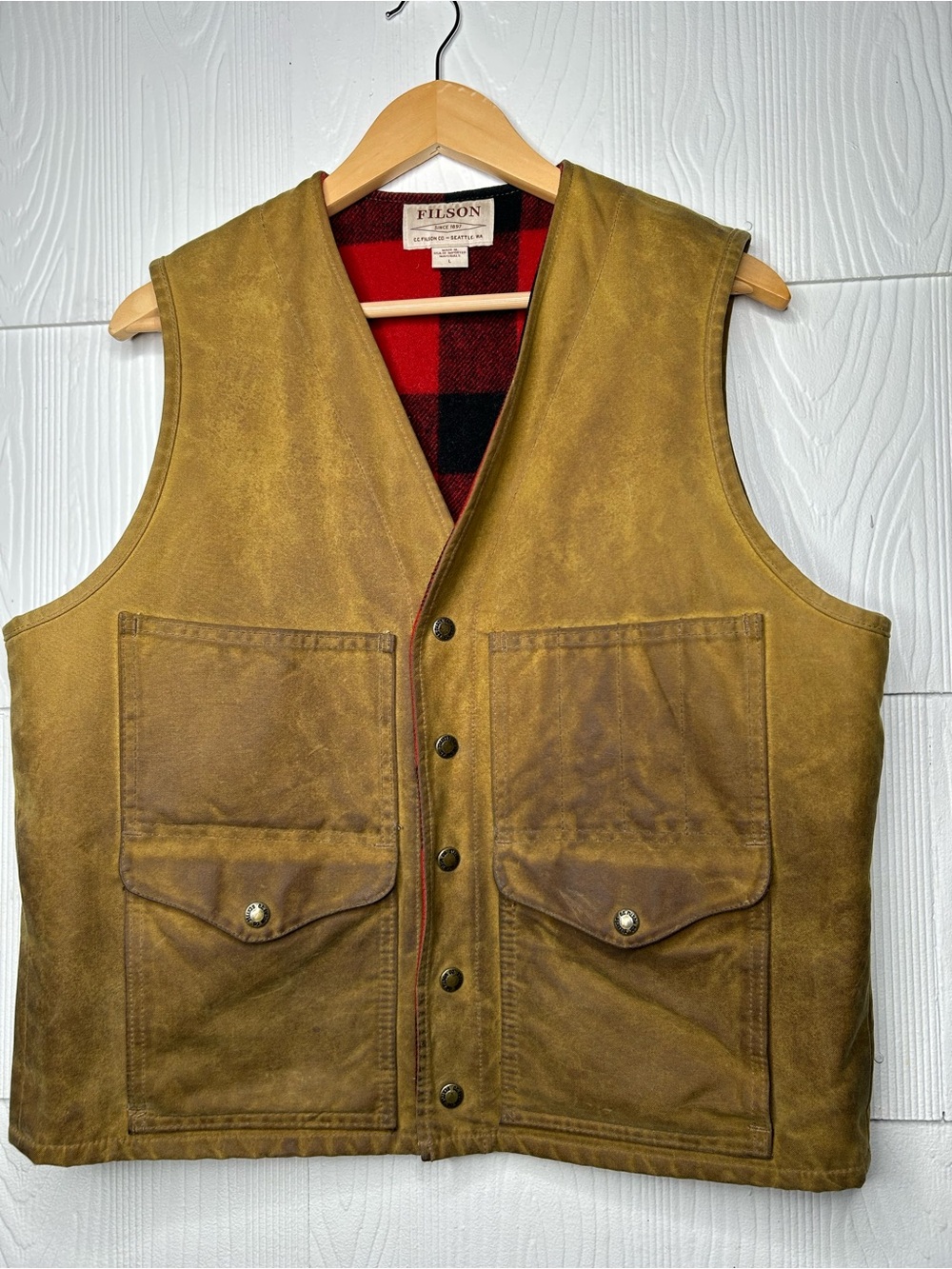 Filson Brown Waxed Canvas Vest with Red & Black Plaid Lining